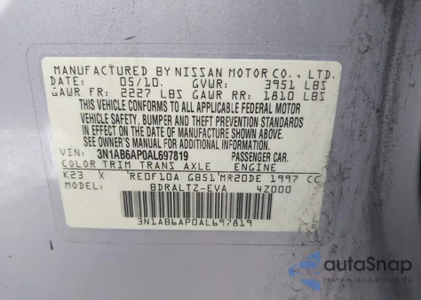 2010 Nissan Sentra 2.0Sr из США, поврежденный, VIN 3N1AB6AP0AL697819